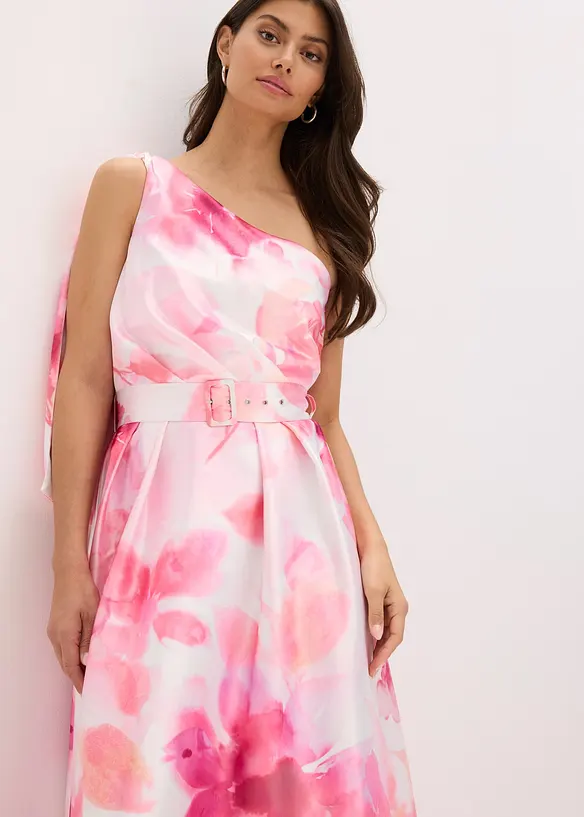 One shoulder-klänning i glänsande satin, bonprix