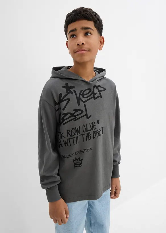 Sweatshirt med huva och graffititryck för barn, ekologisk bomull, bonprix