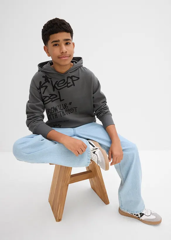 Sweatshirt med huva och graffititryck för barn, ekologisk bomull, bonprix