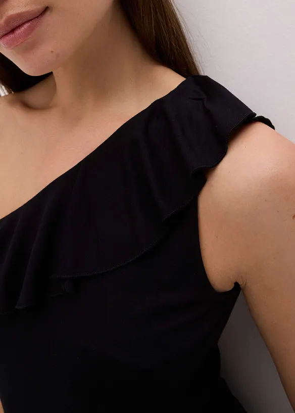 One shoulder-linne med volang i mjuk viskosmix, bonprix