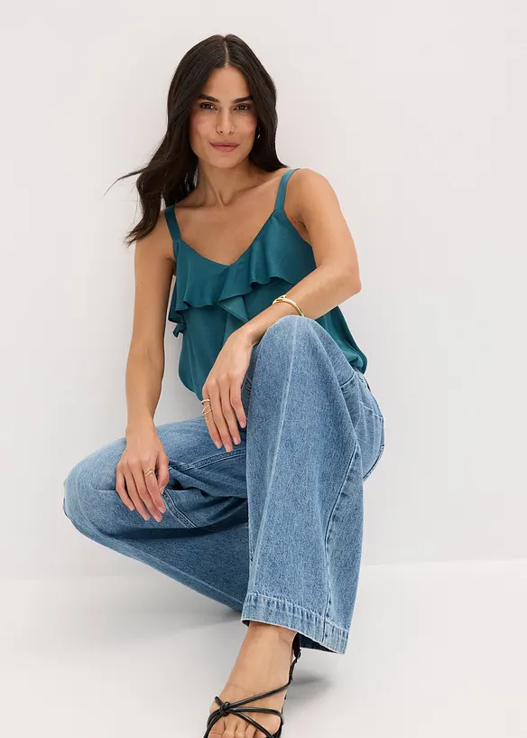 Jeans med vida ben, Mid Waist, Low Stretch Full Length, bonprix