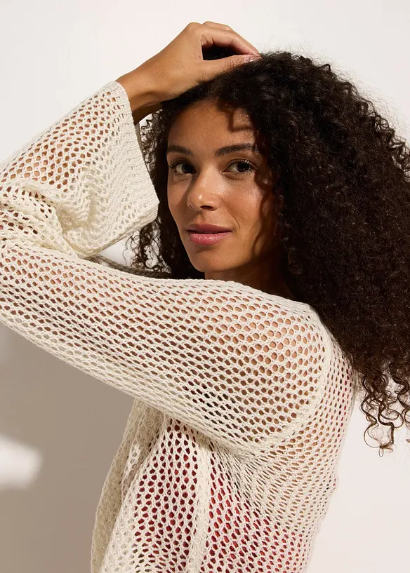 Kort strandcardigan med virkad look, bonprix
