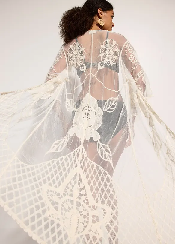 Transparent strandkimono med spets, bonprix
