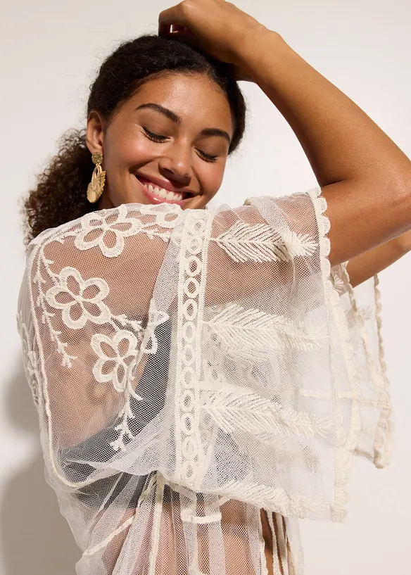 Transparent strandkimono med spets, bonprix