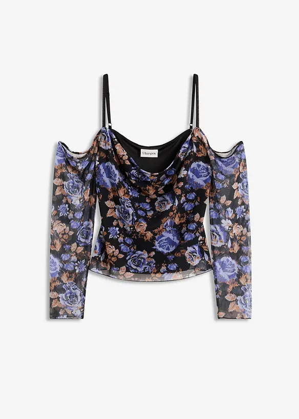 Cold shoulder-topp i tunn mesh, bonprix