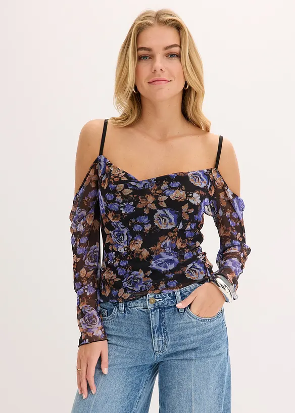 Cold shoulder-topp i tunn mesh, bonprix