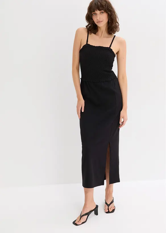 Smockad, mellanlång klänning i stabil jersey med slits, bonprix