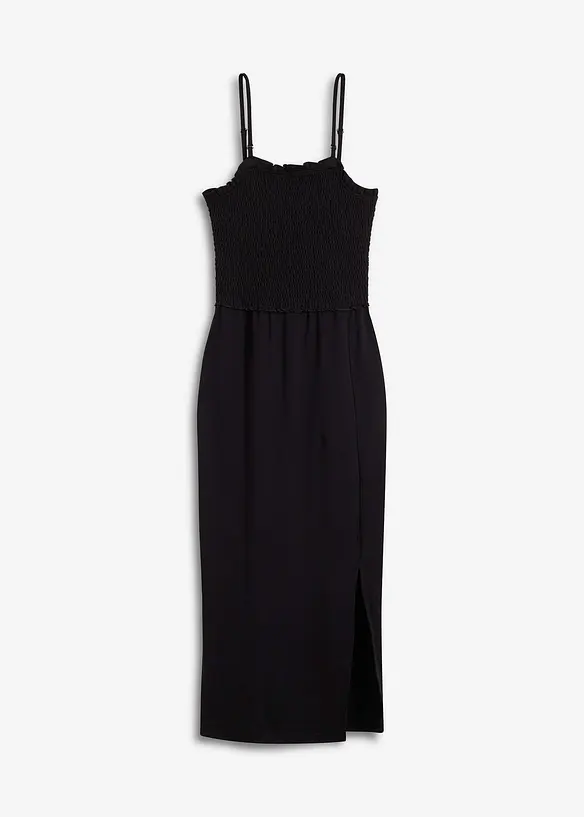 Smockad, mellanlång klänning i stabil jersey med slits, bonprix