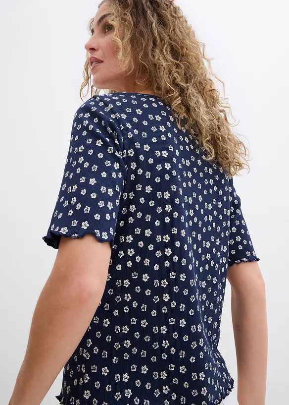 Ribbad topp med blommönster, halv ärm, bonprix