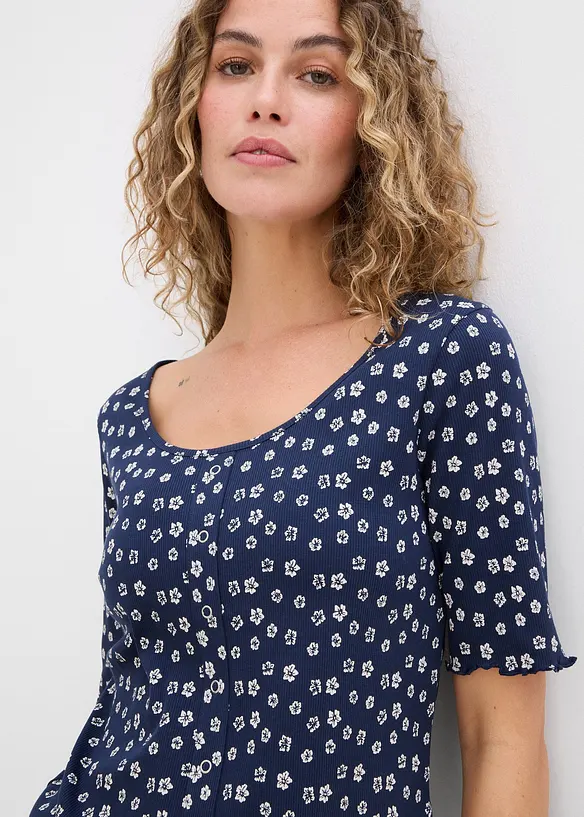 Ribbad topp med blommönster, halv ärm, bonprix