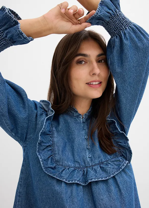 Jeansblus med rysch, bonprix