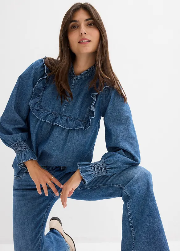 Jeansblus med rysch, bonprix