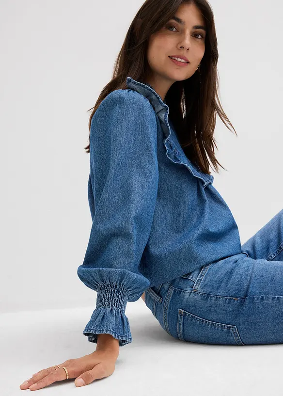 Jeansblus med rysch, bonprix