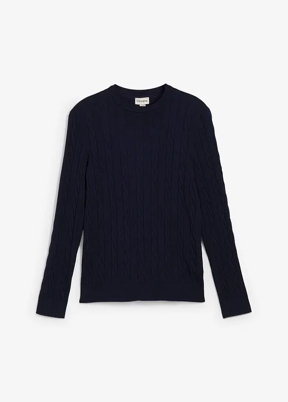Finstickad tröja med flätmönster, Slim Fit, bonprix