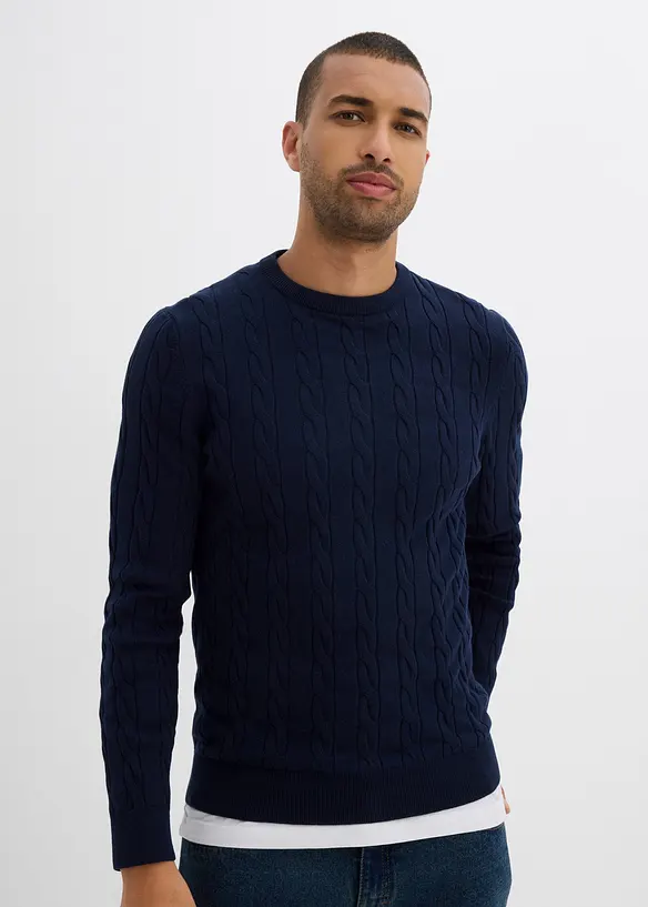 Finstickad tröja med flätmönster, Slim Fit, bonprix
