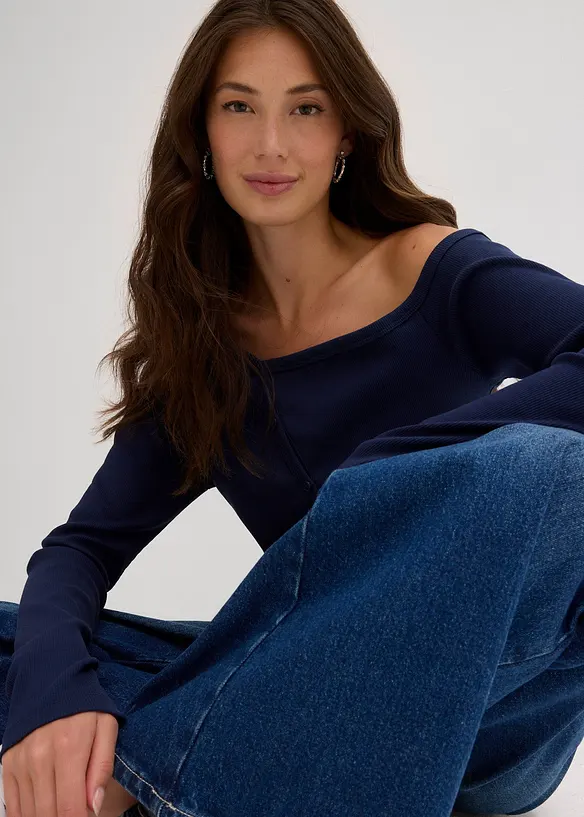 Ribbstickad topp med l&aring;nga &auml;rmar, bonprix