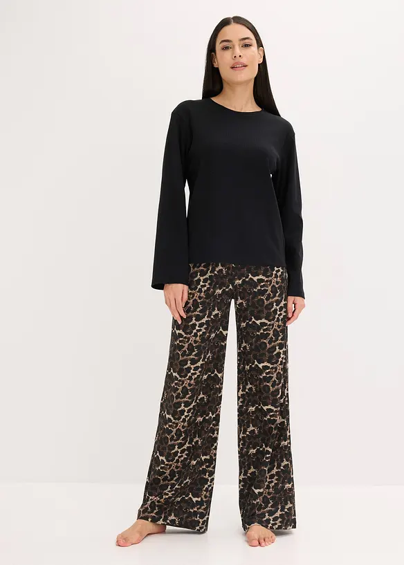 Pyjamas med ribbstickad topp och vid byxa, bonprix