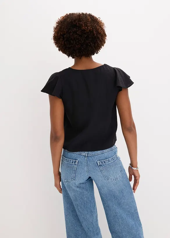 Blus med volangärmar i  glansigt material, bonprix