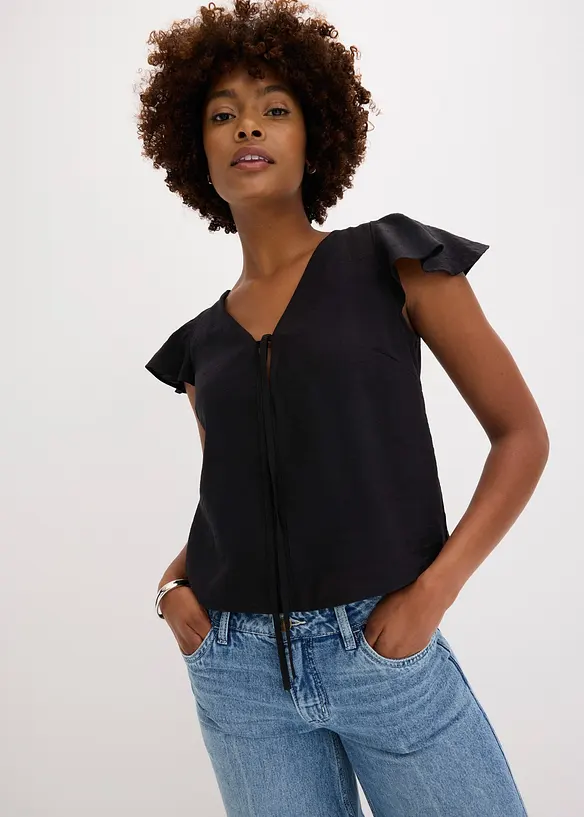 Blus med volangärmar i  glansigt material, bonprix