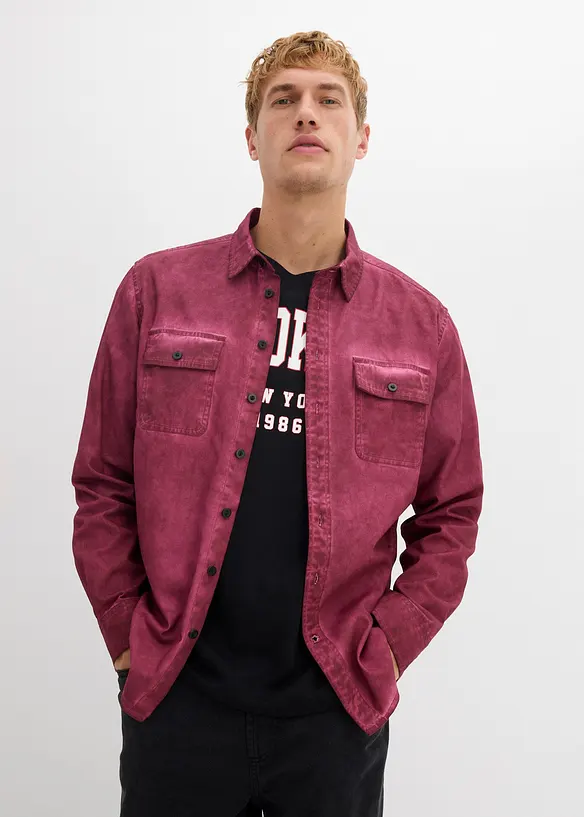 Långärmad bomullsskjorta med tvättad look, bonprix
