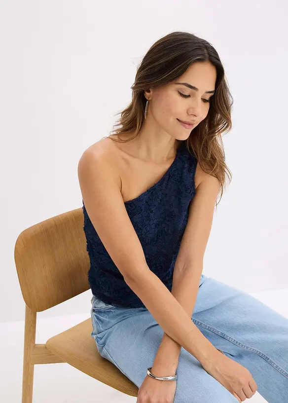 One shoulder-linne med broderi, bonprix