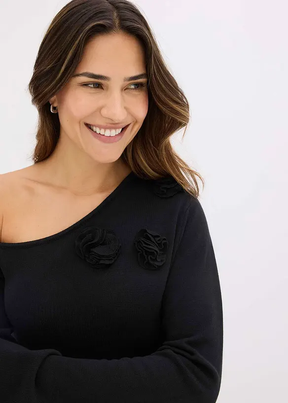 Stickad klänning med blomapplikation, bonprix