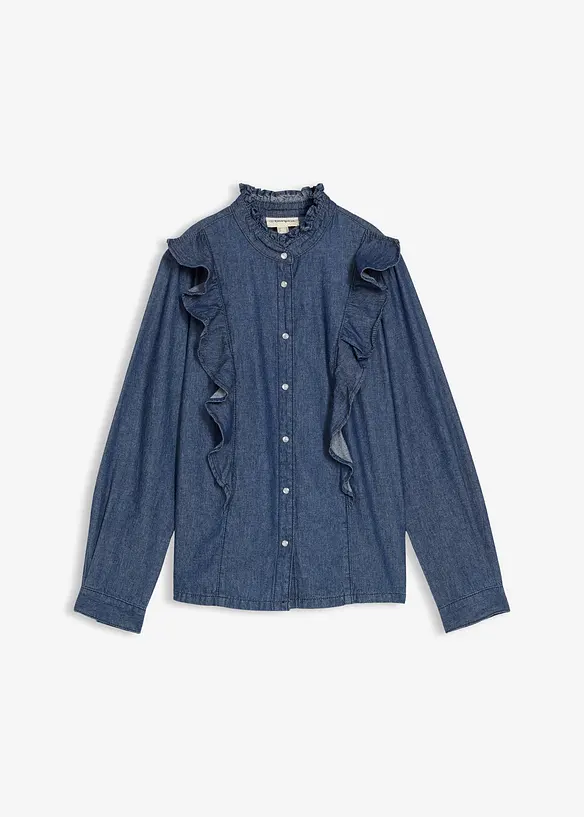 Jeansblus med volanger i bomull, bonprix