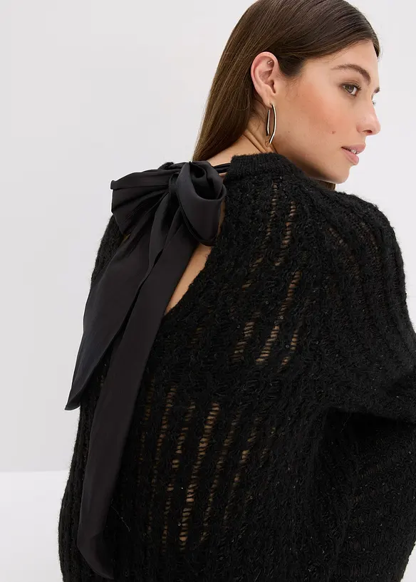 Stickad miniklänning med satinrosett och paljetter, bonprix