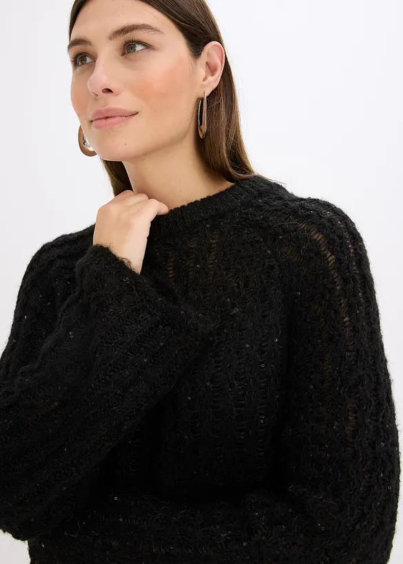 Stickad miniklänning med satinrosett och paljetter, bonprix