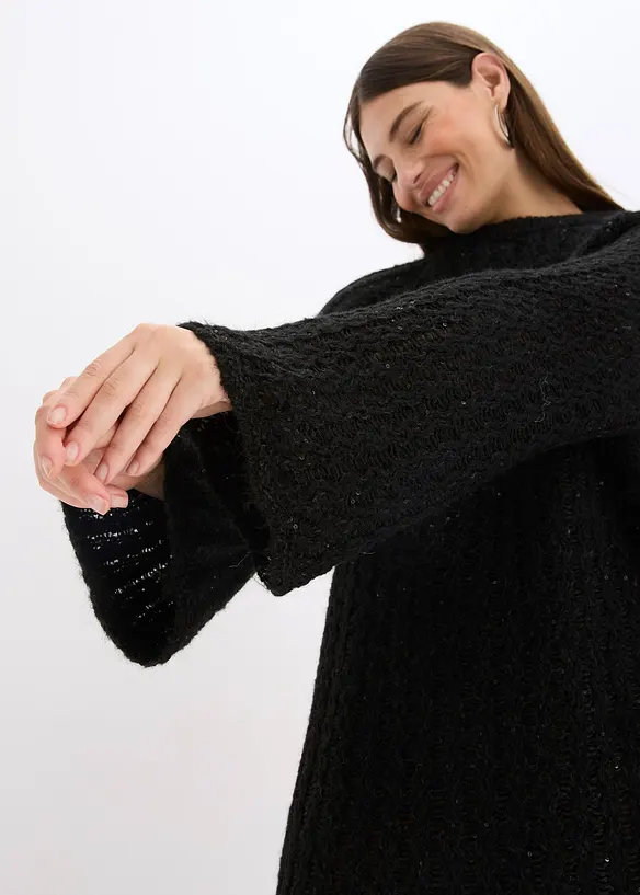 Stickad miniklänning med satinrosett och paljetter, bonprix