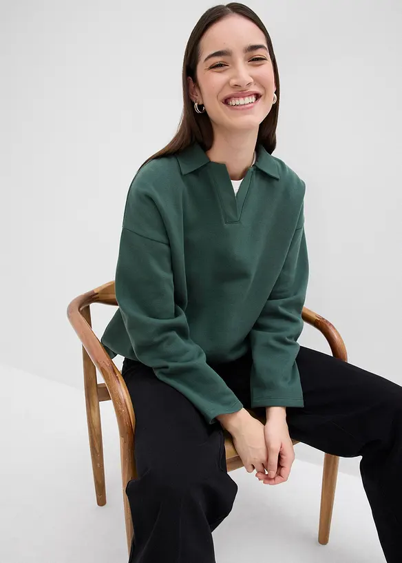 Sweatshirt i ekologisk bomull med stickad pikékrage, bonprix