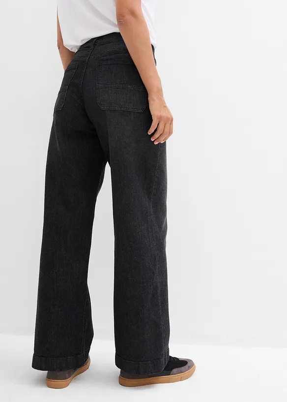 Wide Leg Jeans Mid Waist, med påsydda fickor, bonprix