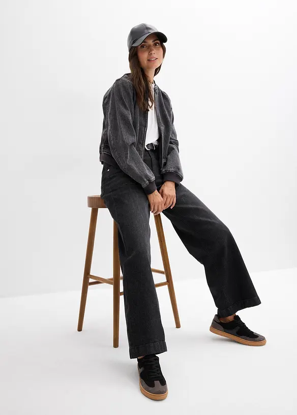 Wide Leg Jeans Mid Waist, med påsydda fickor, bonprix
