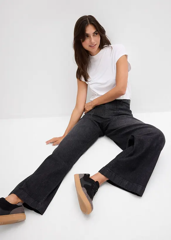 Wide Leg Jeans Mid Waist, med påsydda fickor, bonprix