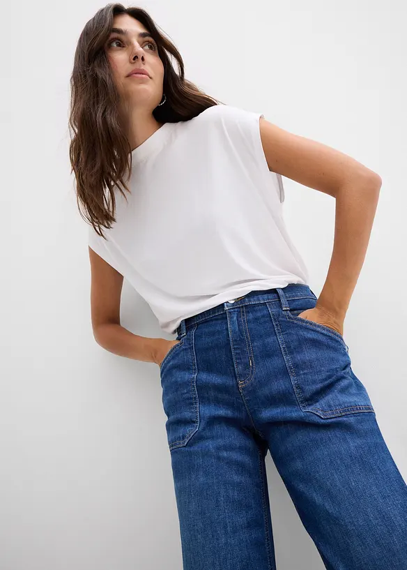 Wide Leg Jeans Mid Waist, med påsydda fickor, bonprix