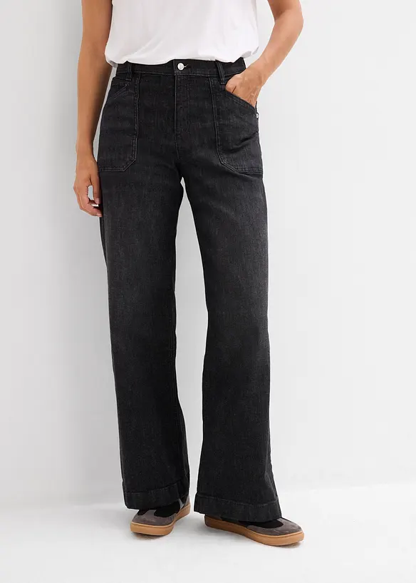 Wide Leg Jeans Mid Waist, med påsydda fickor, bonprix