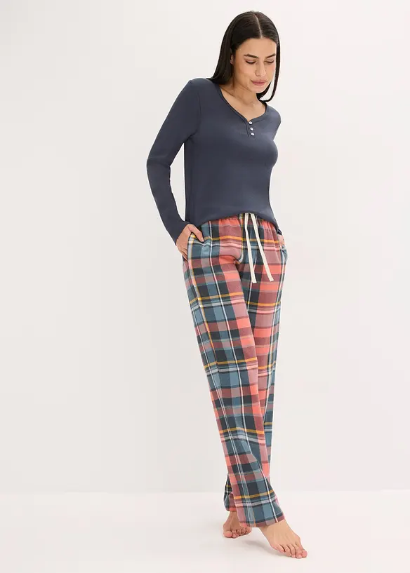 Pyjamas med ribbad topp och flanellbyxa med glittrande trådar, bonprix