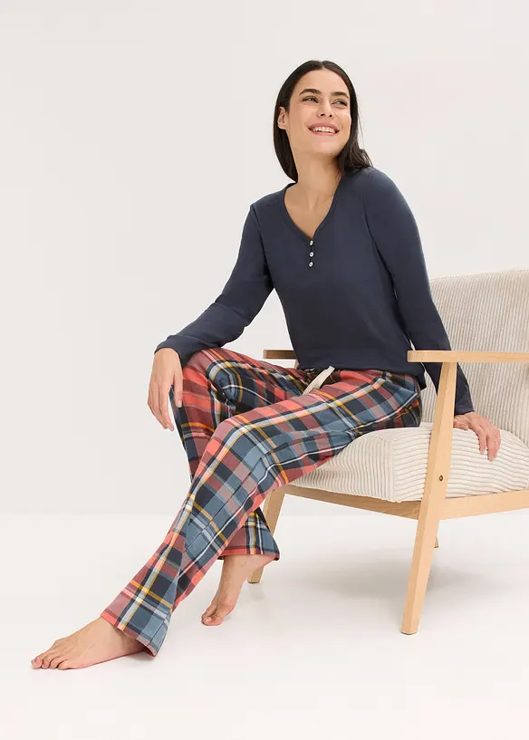 Pyjamas med ribbad topp och flanellbyxa med glittrande trådar, bonprix