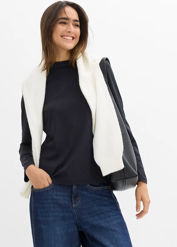 Långärmad topp med ståkrage och återvunnen polyamid, bonprix