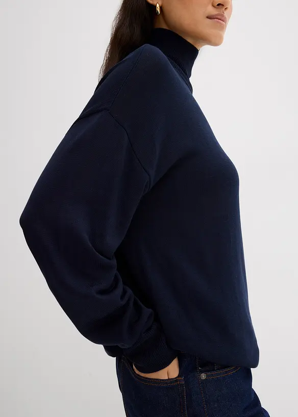 Finstickad tröja med bred halvpolo i tunn viskosmix, bonprix