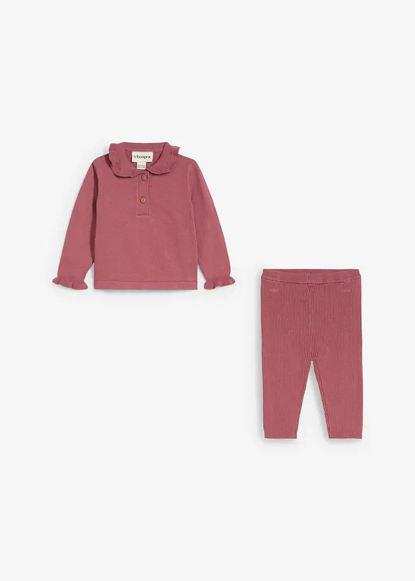 Stickad tröja med volangkrage och leggings (2 delar), bonprix