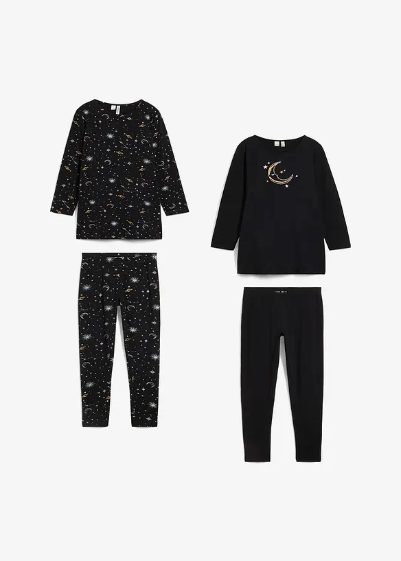 Lång topp och leggings i mjuk ekologisk bomull med glittrigt mönster för barn (4 delar), bonprix
