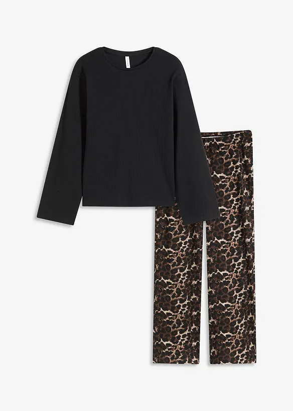 Pyjamas med ribbstickad topp och vid byxa, bonprix