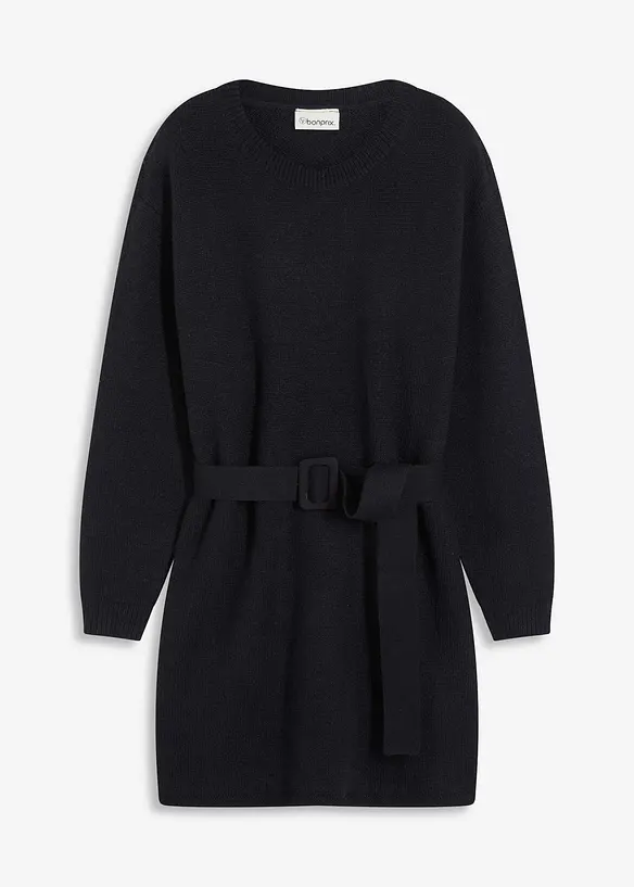 Kort, stickad klänning med mjuk ull och skärp, bonprix