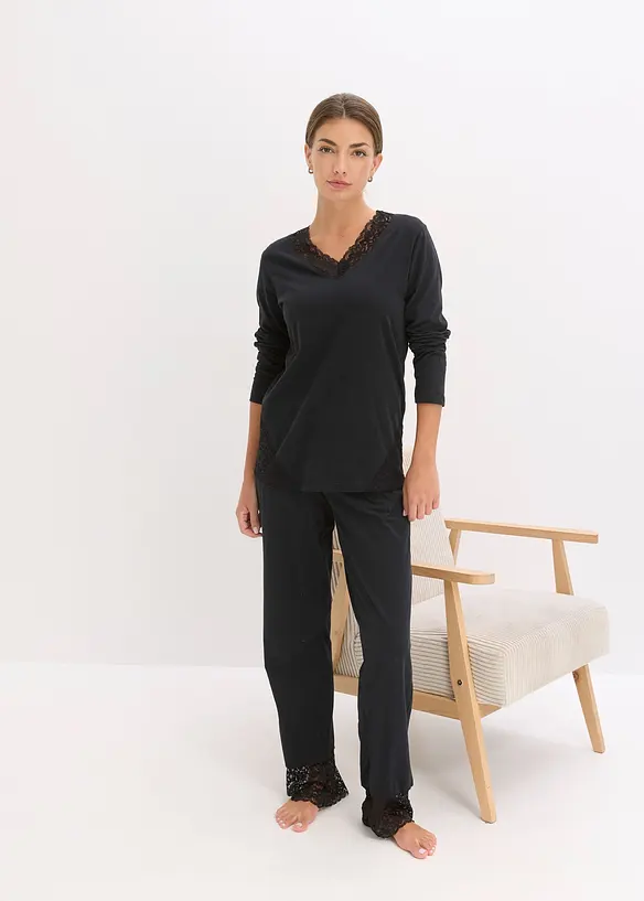Pyjamas i mjuk bomull med spets, bonprix
