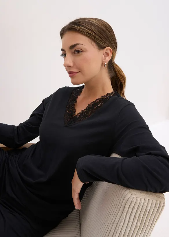 Pyjamas i mjuk bomull med spets, bonprix