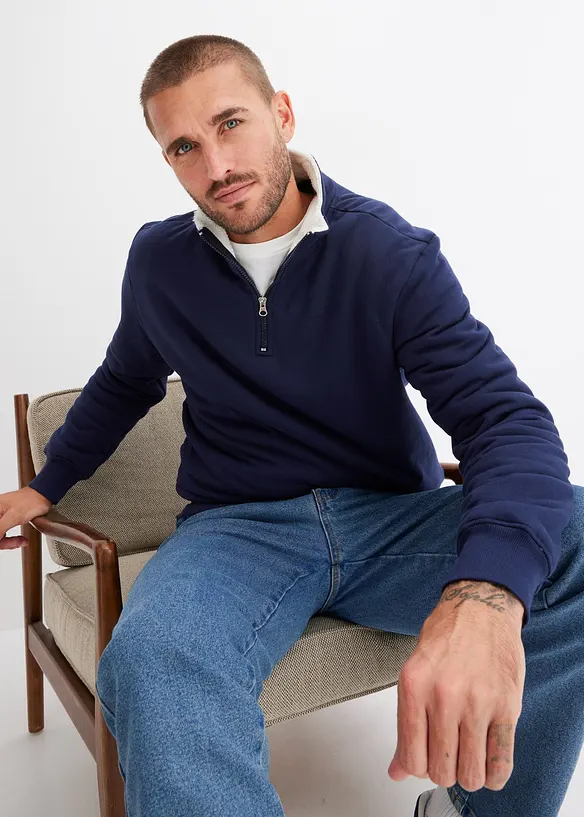 Varmt fodrad sweatshirt med krage och kort dragkedja, bonprix