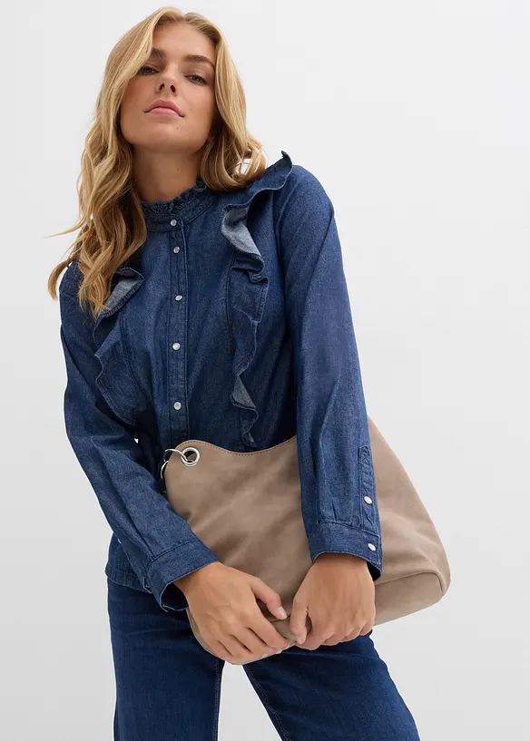 Jeansblus med volanger i bomull, bonprix
