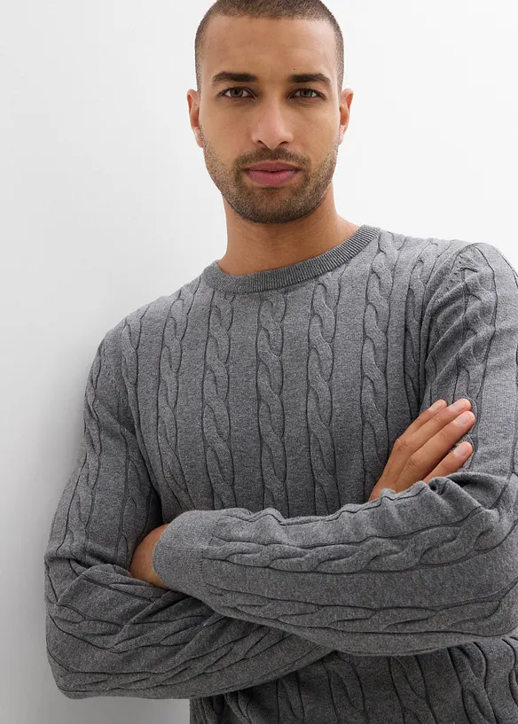 Finstickad tr&ouml;ja av mjuk bomull med fl&auml;tm&ouml;nster, Slim Fit, bonprix