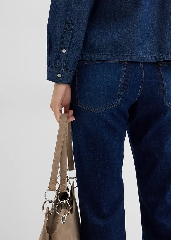 Jeansblus med volanger i bomull, bonprix